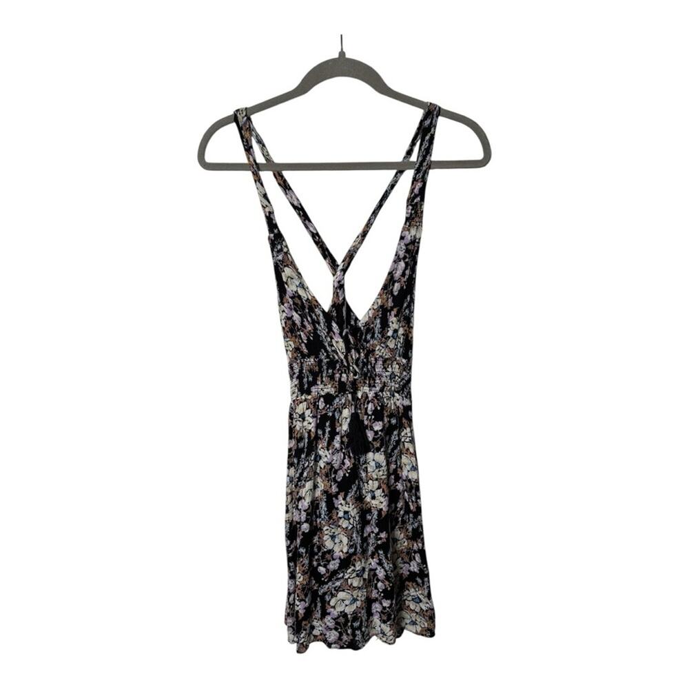 Free People Black Purple Floral Mini Dress With Tassels Medium